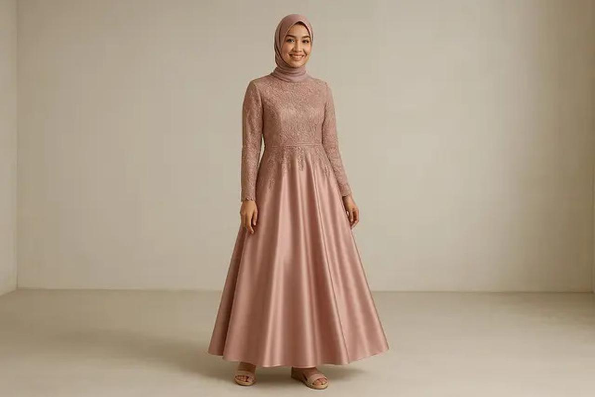8 Model Gaun Pesta Muslimah Kombinasi Brokat dan Satin, Elegan dan Stylish