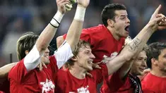 Leverkusen's players celebrate their victory after their German Cup half final match Bayer Leverkusen vs FSV Mainz, on April 21, 2009 at the LTU-Arena. Leverkusen won 4-1l. AFP PHOTO/JUERGEN SCHWARZ