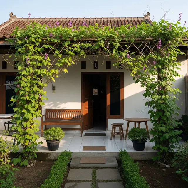 6 Desain Teras Rustic dengan Pot Tanaman Rambat yang Menjalar ke Atap, Kesejukan Alami