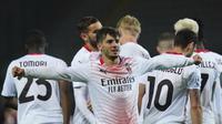 Gelandang AC Milan, Brahim Diaz melakukan selebrasi usai mencetak gol ketiga timnya ke gawang Torino dalam laga lanjutan Liga Italia 2020/2021 pekan ke-36 di Olympic Stadium, Turin, Rabu (12/5/2021). AC Milan menang 7-0 atas Torino. (LaPresse via AP/Spada)