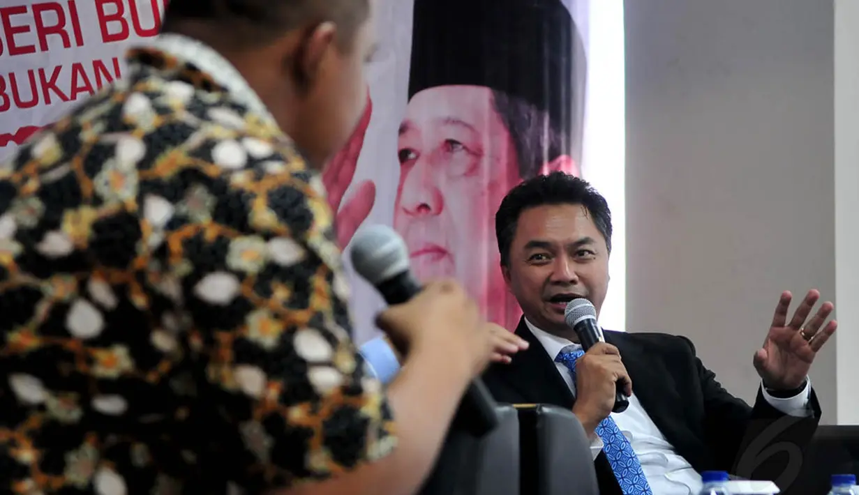 Wamenlu, Dino Patti Djalal, dalam sambutannya mengatakan pemerintahan SBY berhasil membawa Indonesia diakui dunia, Jakarta, (16/10/14). (Liputan6.com/Johan Tallo)