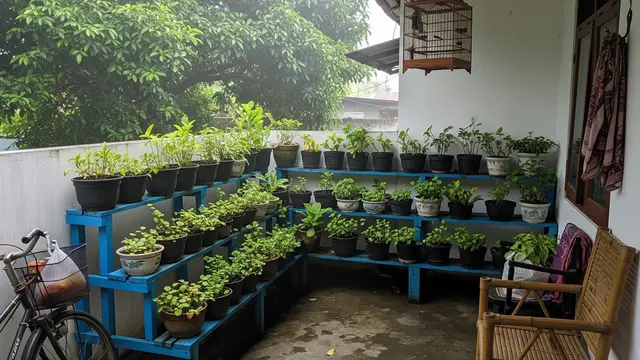 Teras dengan Tanaman Daun Kecil Rimbun, Sejuk di Musim Hujan dan Teduh saat Kemarau Model Teras Sudut dengan Rak Bertingkat