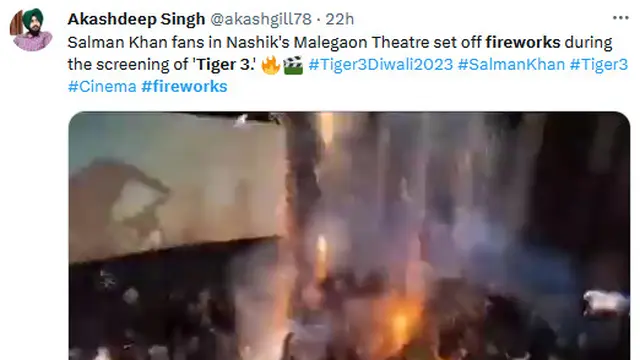 Unggahan warganet mengenai kembang api dalam bioskop saat pemutaran Tiger 3. (Tangkapan layar Twitter/ akashgill78)