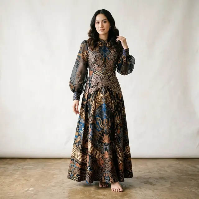 Model Long Dress Brokat Kombinasi Batik Modern