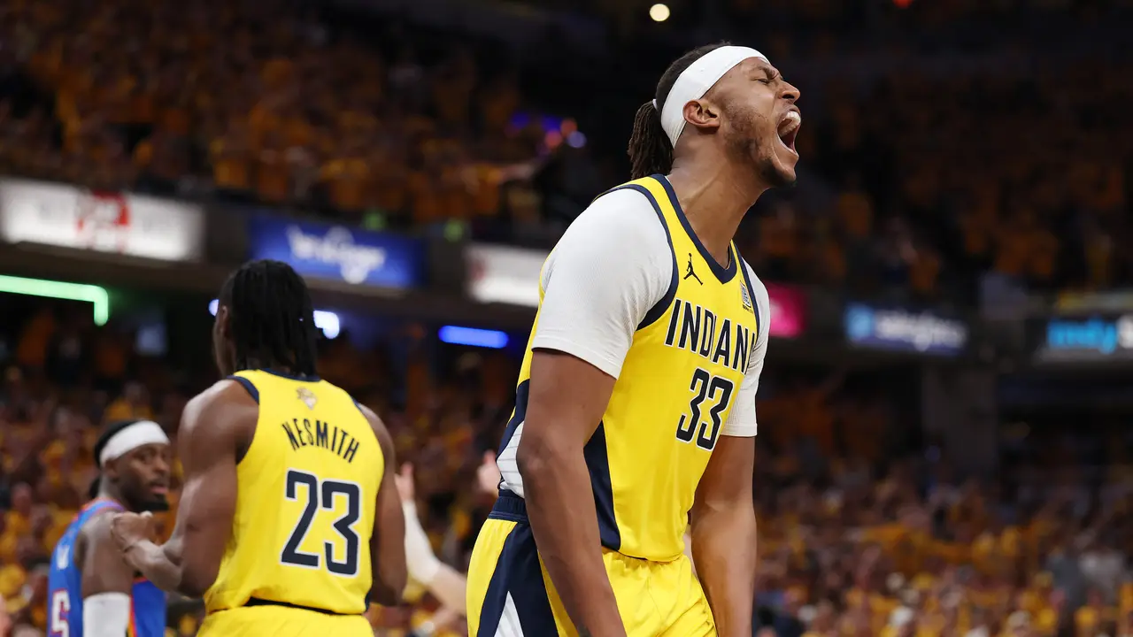 Selebrasi pemain Pacers saat mengalahkan Thunder di game kedua NBA Finals 2025