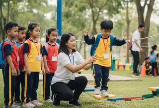 Ilustrasi anak usia TK melakukan kegiatan outbound dengan didampingi guru mereka. Foto Gemini