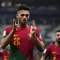 Pemain Portugal,&nbsp;Goncalo Ramos merayakan gol ketiga timnya ke gawang Swiss saat laga 16 besar Piala Dunia 2022 yang berlangsung di Lusail Stadium, Selasa (06/12/2022) waktu setempat. (AP/Manu Fernandez)