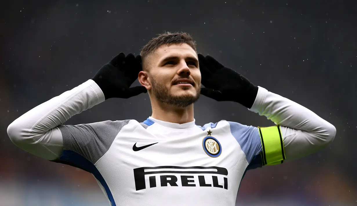 Mauro Icardi memborong empat gol saat Inter Milan bersua Sampdoria pada lanjutan Serie A di 'Luigi Ferraris' stadium, Genoa, (18/3/2018). Gol Icardi terjadi pada menit ke-30’, 31’, 44’, 51’.  (AFP/Marco Bertorello)