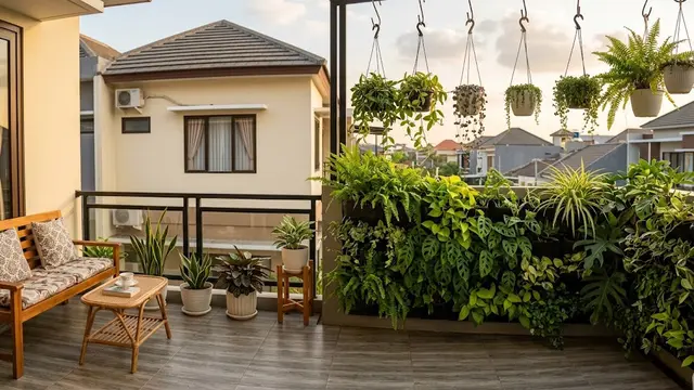 Desain balkon rumah yang berhadapan dengan tetangga namun tetap nyaman dan punya pemandangan indah model dengan taman vertikal