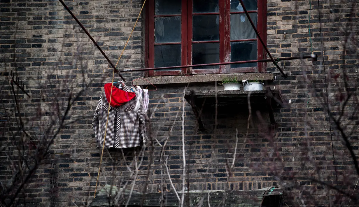 Sebuah celana dalam milik warga setempat saat dijemur di pemukiman Shanghai, Tiongkok, Minggu (5/3). Sebagian masyarakat Tiongkok percaya bisa menolak bala dengan celana dalam merah. (AFP PHOTO/Johannes EISELE)