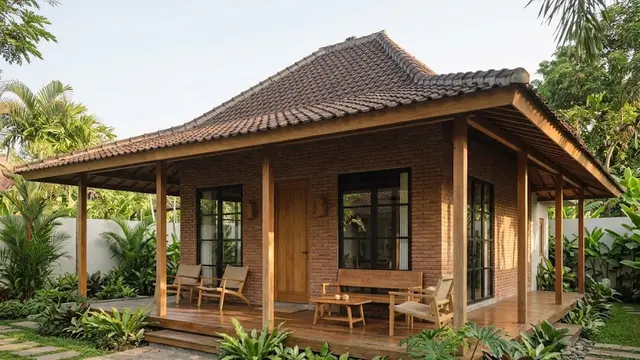 Rumah Bata Merah dengan Teras Kayu yang Lebar