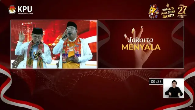 Paslon Pilkada Jakarta 2024 nomor urut 3 Pramono Anung-Rano Karno saat menutup debat perdana Pilkada Jakarta 2024, Minggu (6/10/2024).