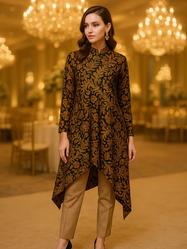 Desain Baju Gamis dan Tunik Batik Emas untuk Kondangan Glamor
