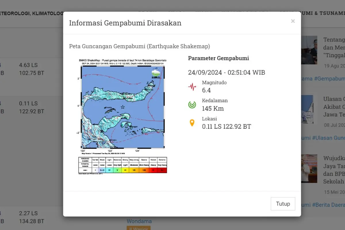 Gempa pertama hari ini, Selasa (24/9/2024) menggetarkan dini hari tadi pukul 02:51:04 WIB di Gorontalo, Provinsi Gorontalo.
