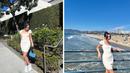 Foto kolase Beby Tsabina saat mengunjungi Santa Monica Beach, California. Beby tampil cantik dan seksi dalam balutan mini dress putih saat berada di pantai itu. (Instagram/bebytsabina)