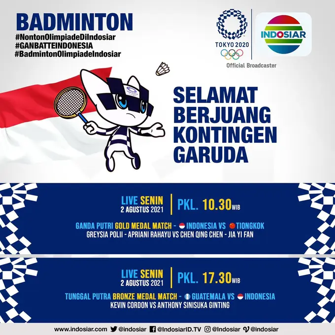 Indosiar akan menayangkan secara live Final Ganda Putri Bulu Tangkis Olimpiade Tokyo 2020 Hari Ini! jangan sampai kelewatan ya.