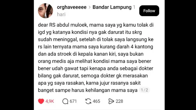 Unggahan seorang warganet yang mengaku ibunya diduga ditolak saat berobat ke IGD RSUD Dr. H. Abdul Moeloek, Bandar Lampung. (Liputan6.com/Istimewa).