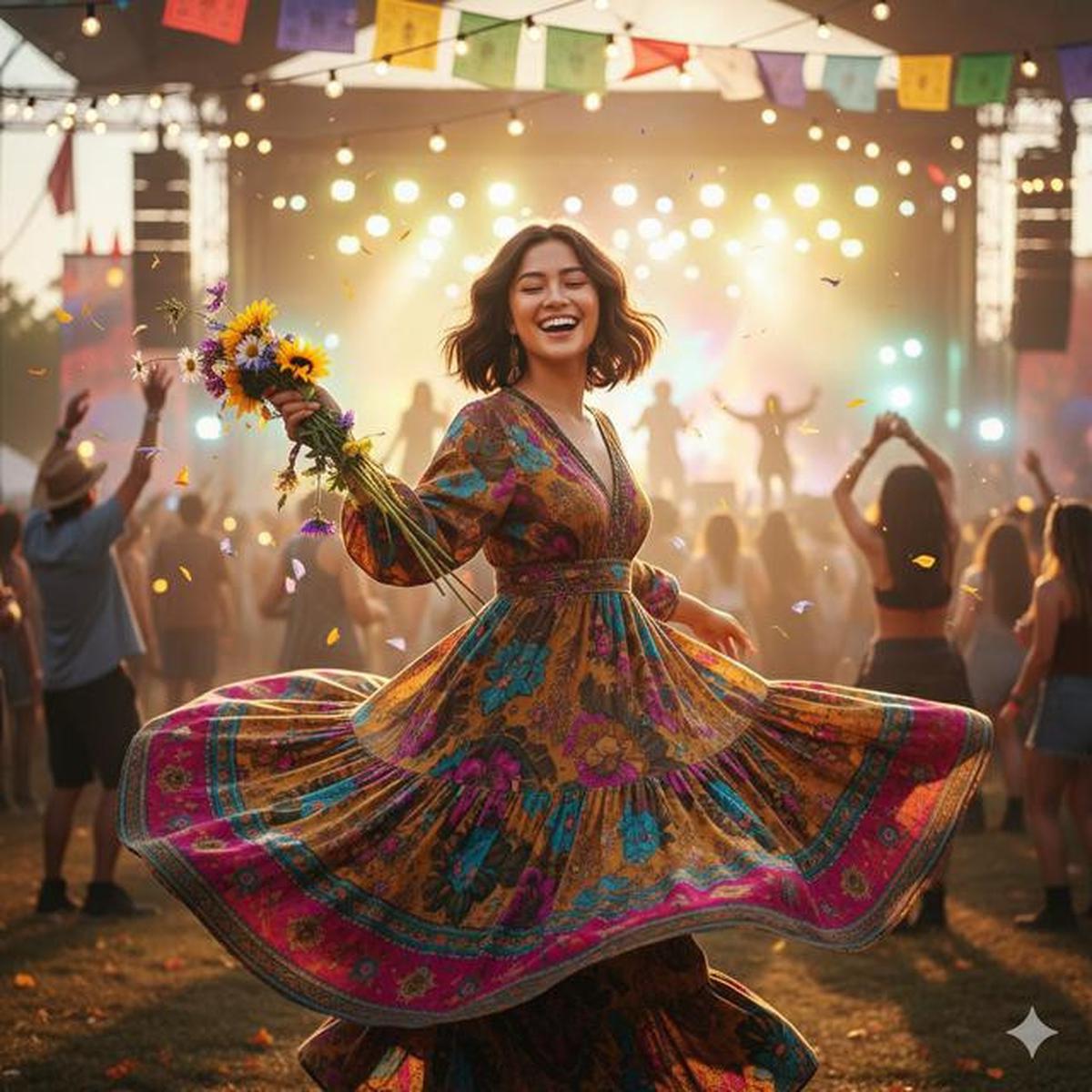 Prompt AI Edit Foto Festival Musik Gaya Boho Outdoor untuk Konten Media Sosial