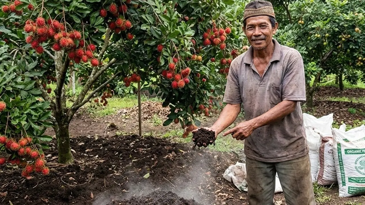 Memberi pupuk organik pada pohon rambutan agar berbuah lebat (Gemini AI)