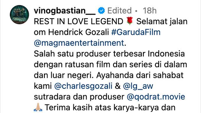 Unggahan Vino G. Bastian. (Foto: Dok. Instagram @vinogbastian__)