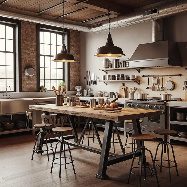 Desain Dapur Industrial dengan Kombinasi Kayu dan Besi