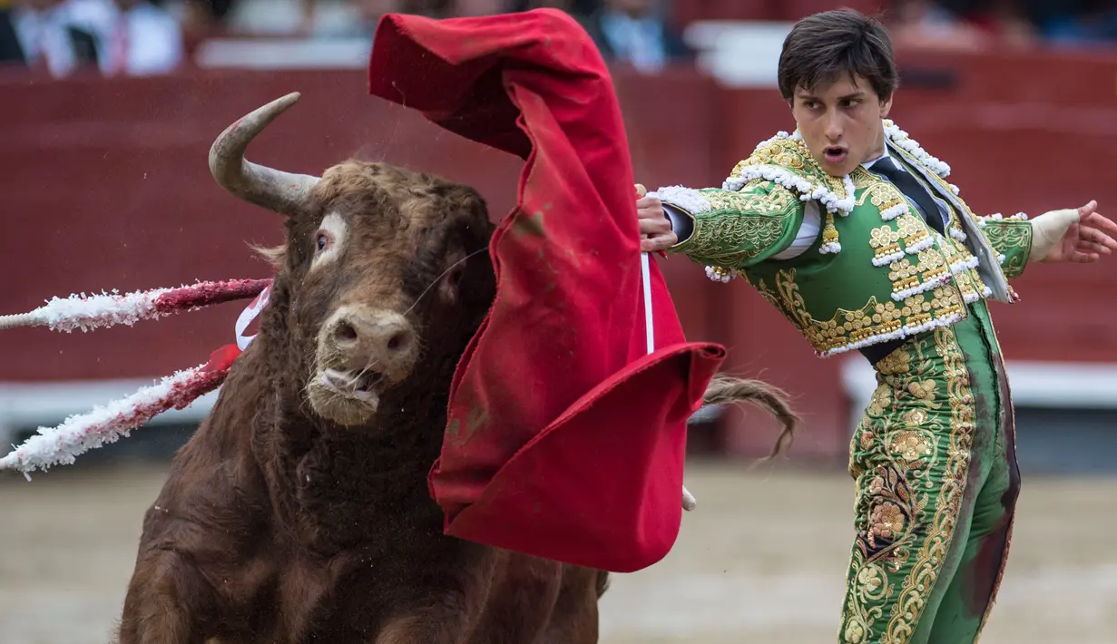 Matador asal Peru Andres Roca Rey beraksi festival adu banteng Acho di Lima, Peru, Minggu (4/12). (AFP PHOTO / Ernesto Benavides)