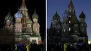 Foto kombinasi dari Katedral St Basil sebelum dan saat memperingati Earth Hour di Red Square, Moskow, Rusia (19/3/2016). (Reuters/Maxim Zmeyev)
