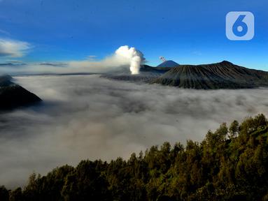 Eruspsi Gunung Semeru dengan kawasan kaldera Bromo yang diselimuti kabut tebal di Bukit Seruni, Probolinggo, Jawa Timur, Minggu (30/4/2023). (merdeka.com/Arie Basuki)