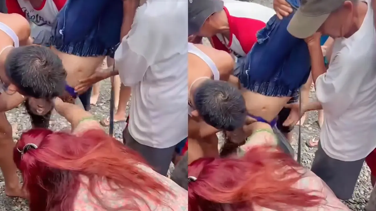 Tangkapan layar video amatir saat warga memberi pertolongan pertama pada korban tenggelam di Pantai Cukuh Batu Tanggamus, Lampung.