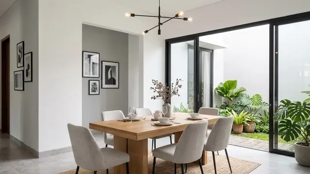 Ruang Makan Modern dengan Pintu Geser Berbingkai Hitam