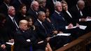Presiden AS Donald Trump duduk bersebelahan dengan mantan presiden Barack Obama, mantan presiden Bill Clinton dan mantan presiden Jimmy Carter dalam prosesi pemakaman kenegaraan George HW Bush di Washington, Rabu (5/12). (Brendan SMIALOWSKI/AFP)