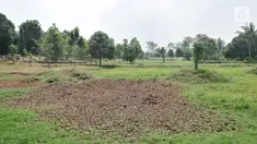 Kondisi danau yang mengalami kekeringan di area Taman Cempaka, Cipayung, Jakarta Timur, Minggu (7/7/2019). Danau buatan yang sedianya berfungsi sebagai penampung air hujan sekaligus wisata pemancingan gratis mengalami kekeringan akibat musim kemarau. (merdeka.com/Iqbal S Nugroho)