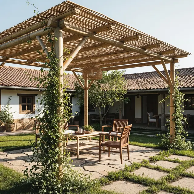 Model Pergola Bambu yang Cocok untuk Rumah Pedesaan (AI Generated)