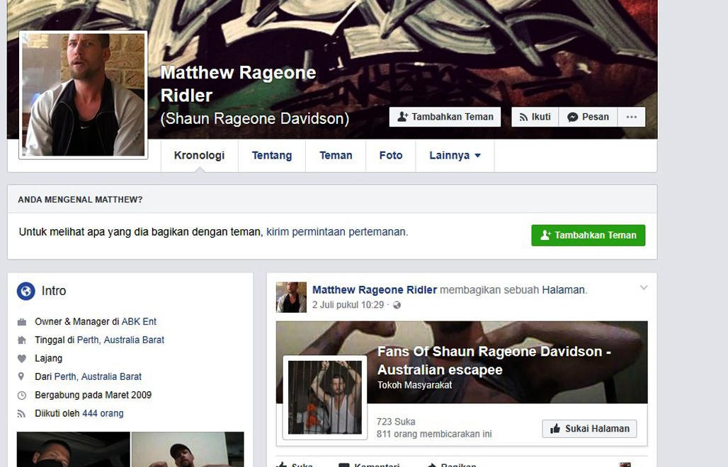 Akun Facebook diklaim milik Shaun Edward Davidson (33), salah seorang napi kabur dari Lapas Kerobokan, Kabupaten Badung, Bali. (Foto: Istimewa/Facebook)