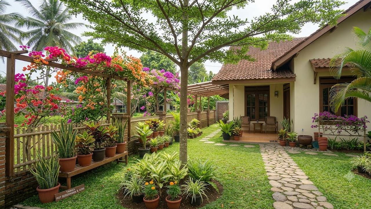 Ide Menata Halaman Rumah Agar Teduh Tanpa Biaya Mahal Model Menanam Bugenvil pada Pergola atau Pagar