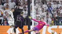 Momen ketika Joselu menyamakan kedudukan saat Real Madrid berhadapan dengan Bayern Munchen pada semifinal leg 2 Liga Champions 2023/2024, Kamis (9/4/2024) dini hari WIB.&nbsp;(AP Photo/Manu Fernandez)