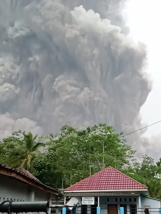 Gunung berapi Semeru memuntahkan abu ke udara saat terjadi letusan seperti yang terlihat dari Lumajang, Sabtu (4/12/2021). Sumber BPBD Jawa Timur melaporkan, semeru mengeluarkan awan panas yang turun mengarah Curah Kobokan. (HANDOUT/BNPB/AFP)