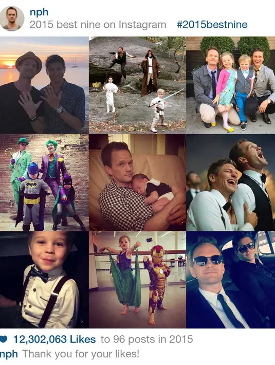 Neil Patrick Harris mungkin menjadi salah satu aktor gay favorit. Sembilan foto terbaik di akun instagramnya menunjukkan momen bersama suami, David Burtka, dan buah hati mereka, Harper dan Gideon. (via 2015bestnine.com)