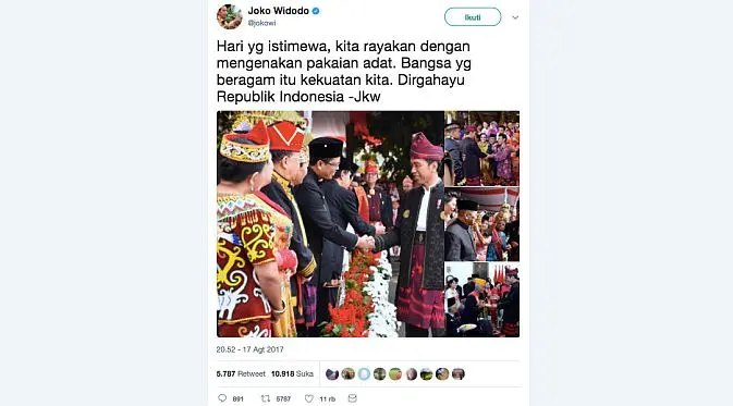 Tweet Presiden RI, Joko Widodo, pada Kamis (17/8/2017) - Foto: Twitter