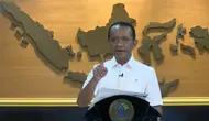 Menteri Investasi/Kepala Badan Koordinasi Penanaman Modal (BKPM) Bahlil Lahadalia, dalam Konferensi Pers Kebijakan dan Implementasi Hilirisasi sebagai Bentuk Kedaulatan Negara, Jumat (30/6/2023). (Tira/Liputan6.com)