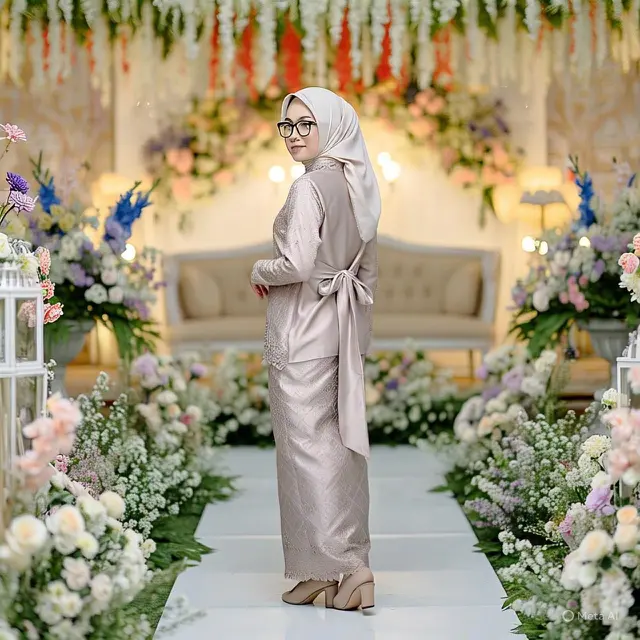 Contoh kebaya simpel modern untuk pesta pernikahan model: Kebaya Satin Modern dengan Detail Pita Belakang/Gambar Meta AI
