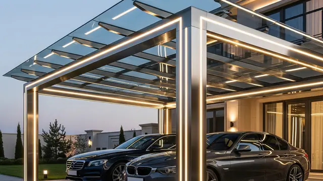 Model Carport Mewah Dua Mobil dengan Atap Kaca Tempered Tebal