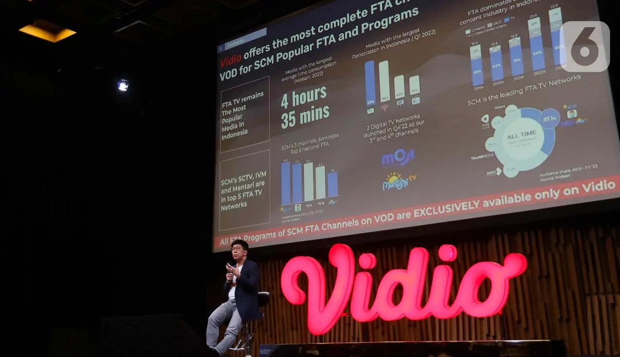 Managing Director Emtek dan CEO SCM & Vidio, Sutanto Hartono memberikan paparan saat Streaming Prediction 2024- Sharing Sessions di SCTV Tower, Jakarta, Selasa (5/3/2024). (Liputan6.com/Herman Zakharia)