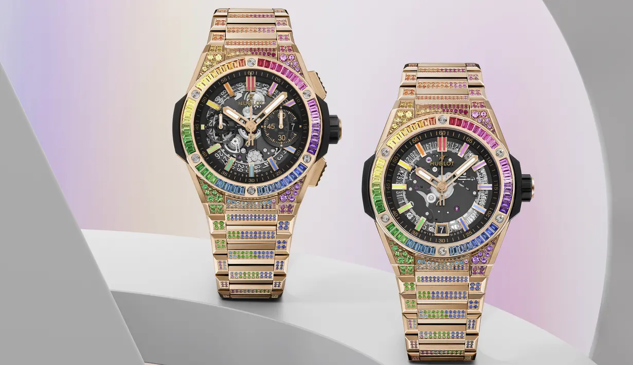 Jam tangan olahraga mewah yang terintegrasi tetap dinantikan kehadirannya. Hublot jadi satu-satunya brand yang dapat membuat jam dengan penambahan permata dengan gradasi warna pelangi. Kedua model dari Hublot Big Bang Integrated Time Only King Gold Rainbow dan Big Bang Integrated King Gold Rainbow sepenuhnya bertatahkan permata dengan masing-masing hampir 1.000 batu. Mewah maksimal. Foto dok: Hublot.