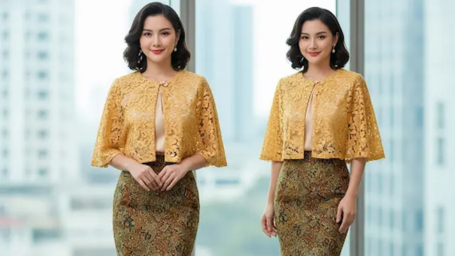 Cape Batik Pendek Kombinasi Brokat dengan Rok Span