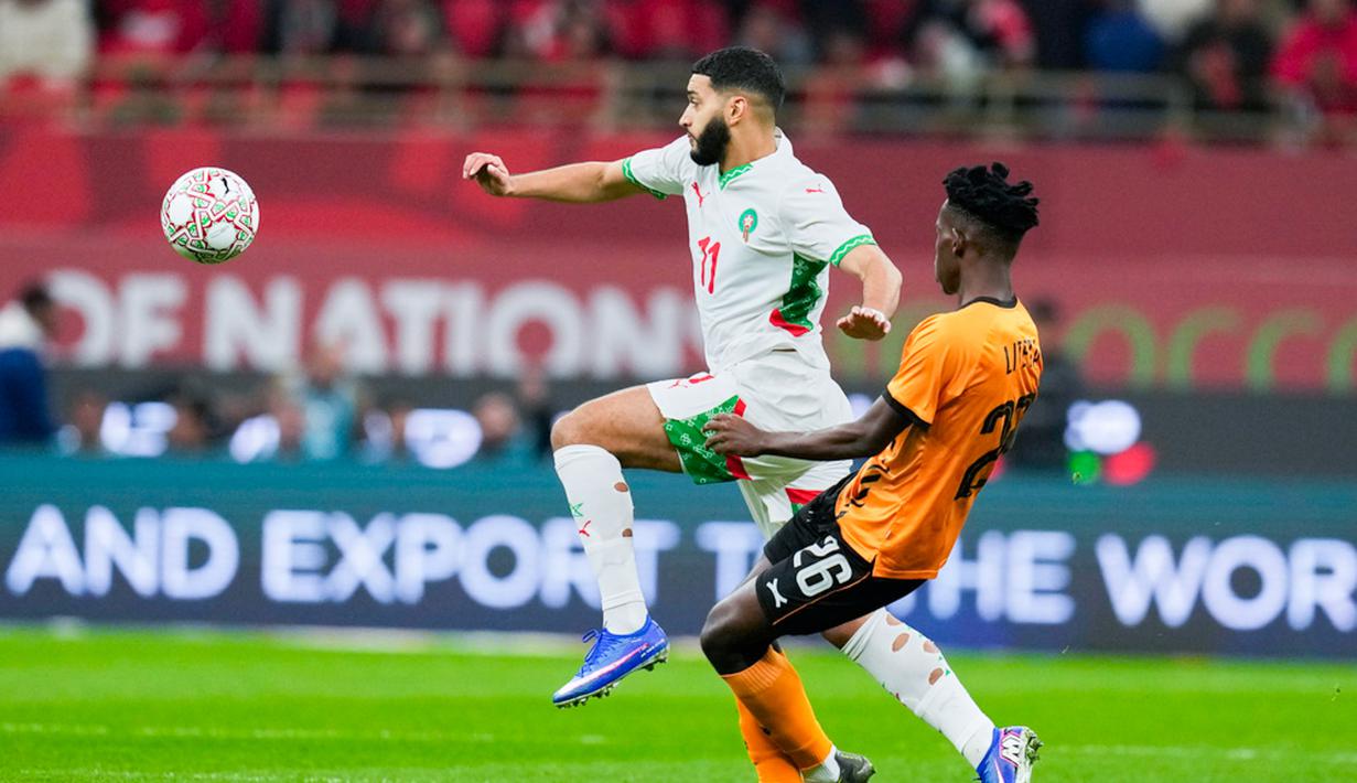 Kemenangan ini mengukuhkan posisi Maroko di puncak klasemen sekaligus lolos ke babak 16 besar Piala Afrika 2025. (AP Photo/Themba Hadebe)