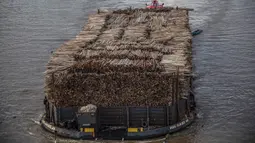 Sebuah kapal tongkang berisi kayu gelondongan ditarik di sepanjang Sungai Mahakam melewati Kota Samarinda, Kalimantan Timur, 4 November 2021. (ADITYA AJI/AFP)