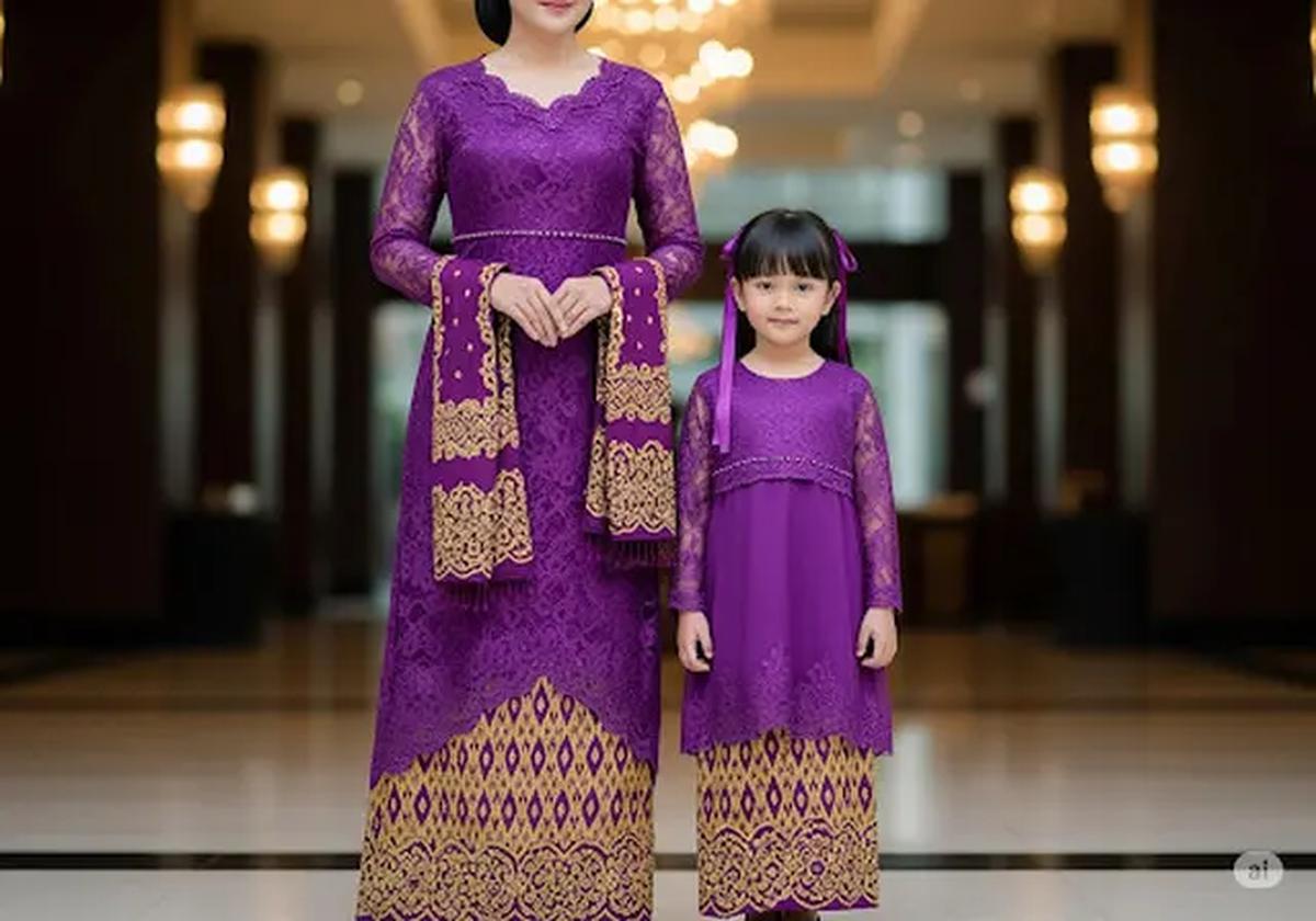 Dress Brokat Kembar Bertema Tradisional/Baju Brokat Anak Kembaran dengan Ibu untuk Pesta (Sumber: gemini.com)