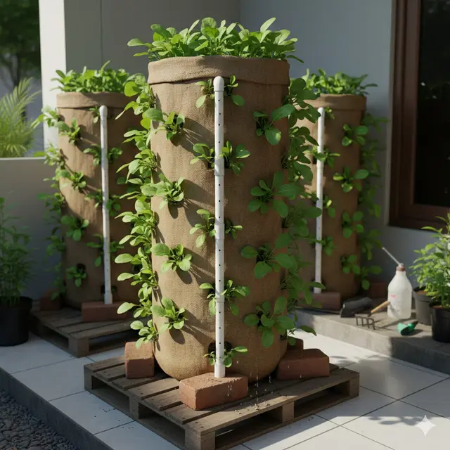 Model Menara Karung Vertikal (Sack Garden) (Gemini AI)