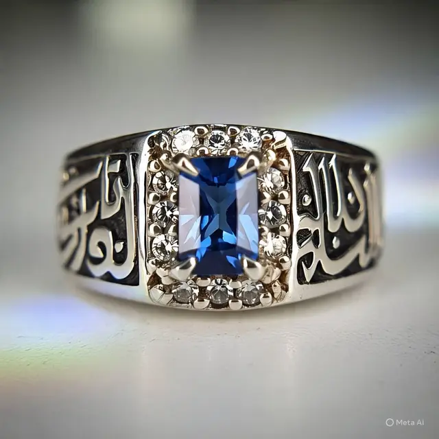 Ilustrasi cincin emas Islami bermata batu safir (Created by Meta AI)
